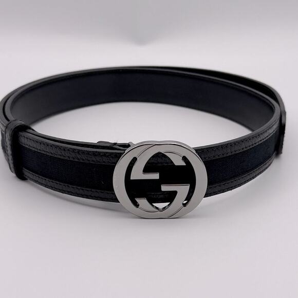 New Gucci GG Canvas Leather Belt Interlocking G Black Size 95/38 Unisex 1.2” main image 6